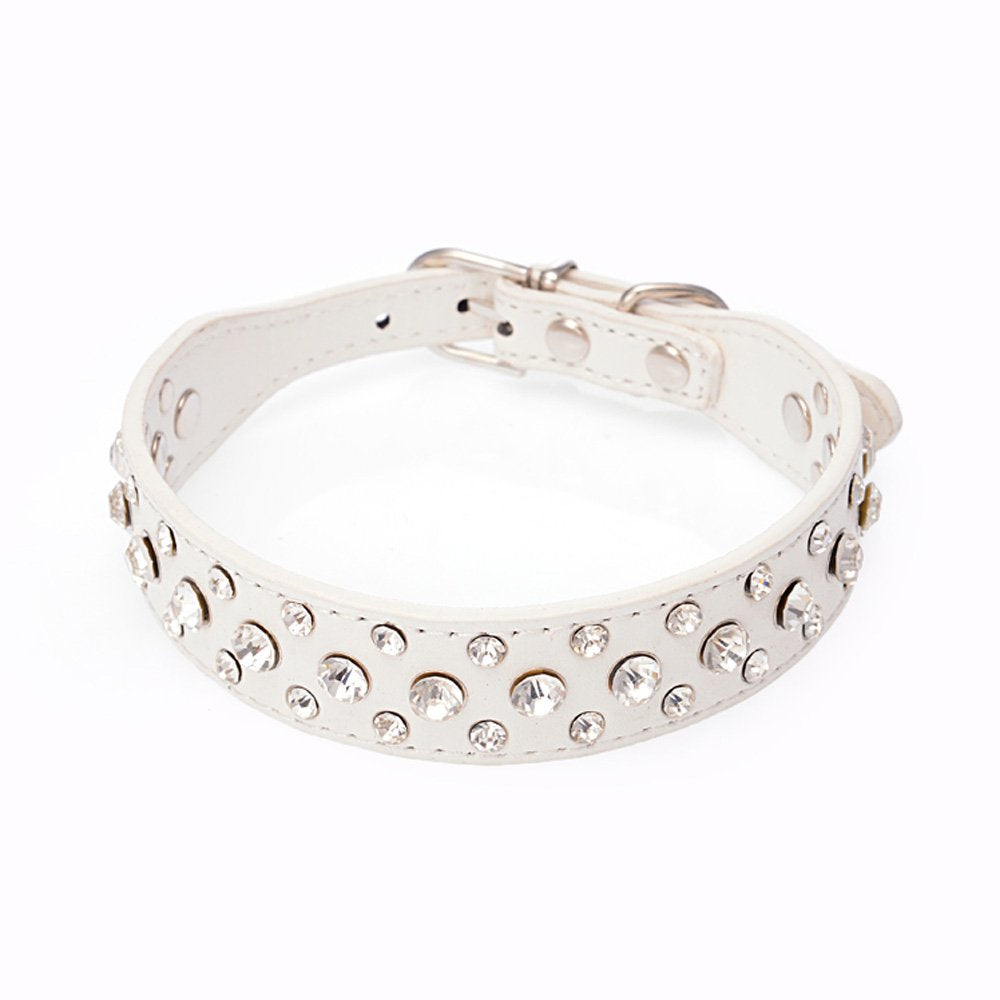 Dogs Kingdom 12''-20'' Length Personalized Rhinestone Leather Bling Crystal Pet Dog Cat Collars For Small Medium Breeds White Xs