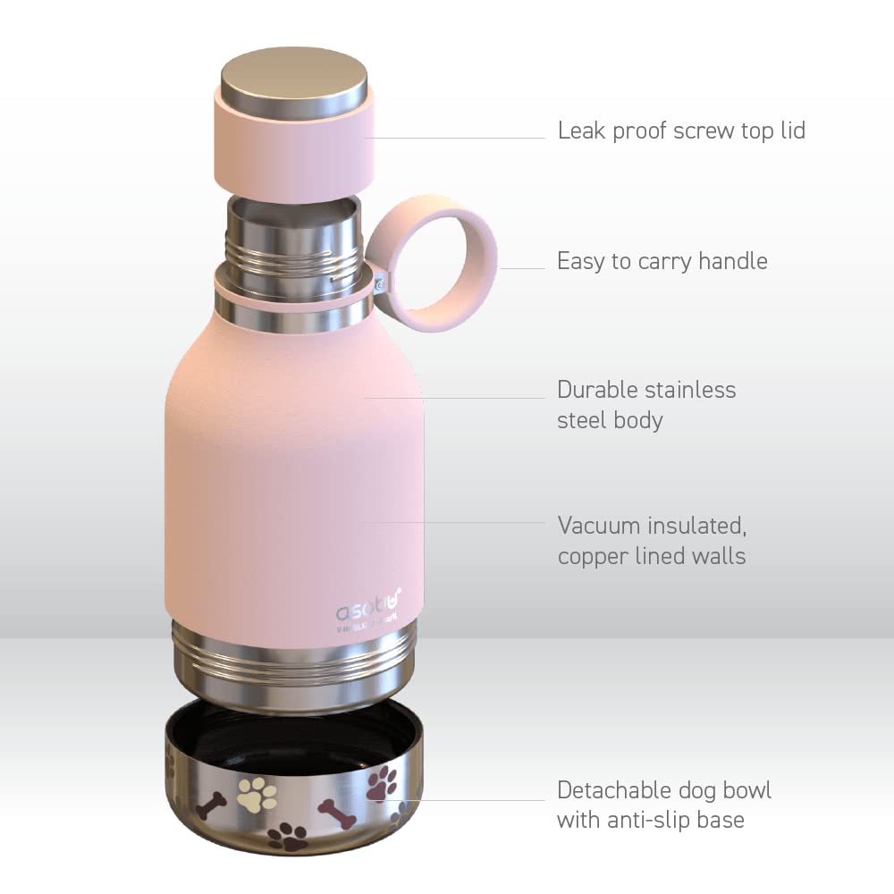Asobu Dog Bowl Attached To Stainless Steel Insulated Travel Bottle For Human 37Oz/1.1 Liter With Detachable Dog Bowl (Pink)