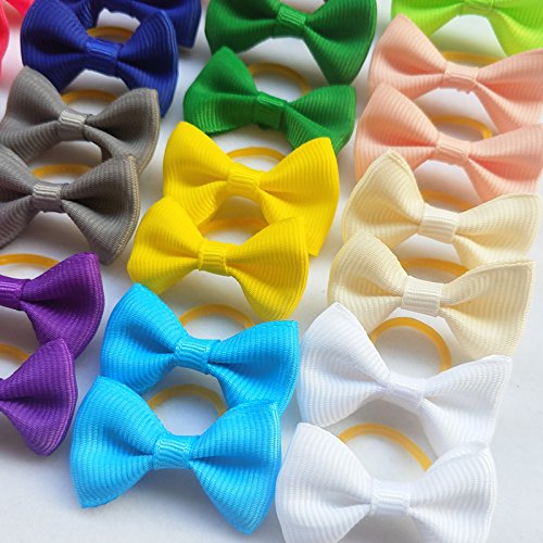 Chenkou Craft New 40Pcs(20Pairs) Puppy Yorkie Dog Hair Bow Pure Ribbon With Rubber Band 40Mm Pet Grooming Products Mix Colors Varies Patterns Pet Hair Bows (Pure Ribbon Rubber Bow)