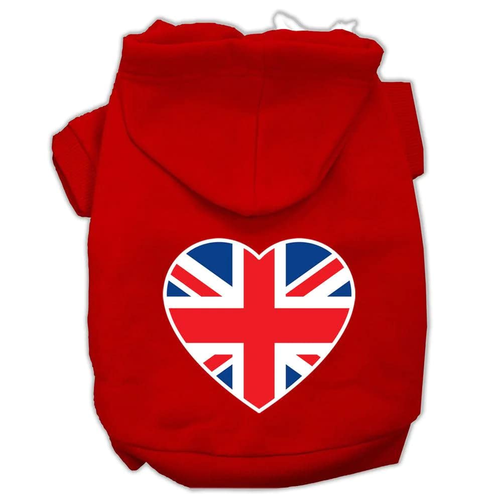 Pet Dog & Cat Hoodie Screen Printed, 'British Flag Heart' Red Xs (0-3 Lbs.)