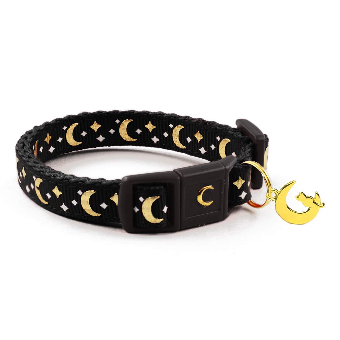 Waaag Gold Moons And Stars Safety Breakaway Cat Collar, Glow In The Dark (Standard 9'-15' Neck, Black)