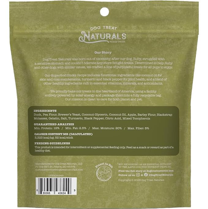Dog Treat Naturals Duck & Apple Superfood Sticks for Dogs | All-Natural Premium Training Dog Treats | Contains Turmeric for Join