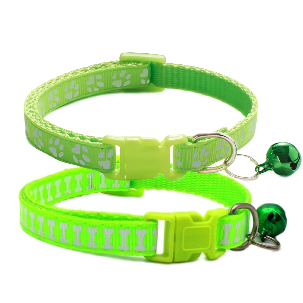 Green Puppy Collar With Bell, 2-Pack Basic & Bone Cat Collars With Bells Puppy Collar For Xxs Xs Small Tiny Pet Dogs Female Kitt
