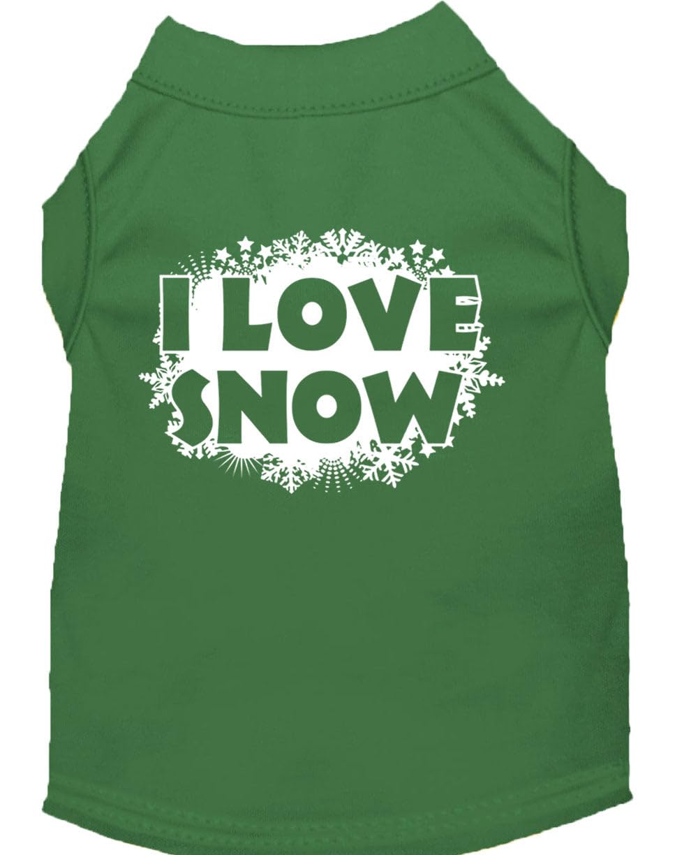 Christmas Screenprinted Dog Shirt, 'I Love Snow' Emerald Green 2Xl (20-25 Lbs.)