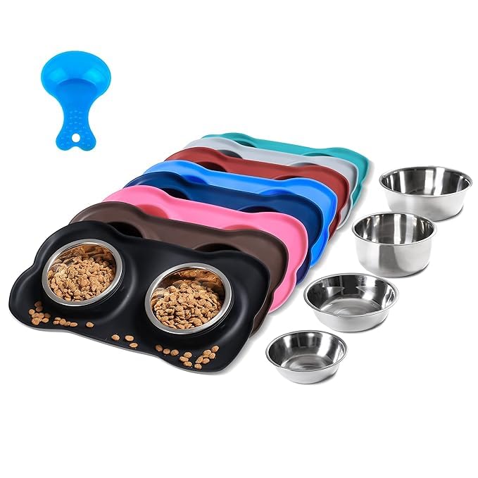 Zoomie Tails Stainless Steel Dog Bowls With NonSlip Silicone Mat, No Spill Double Feeder Set + Pet Food Scoop | Water & Food Bo