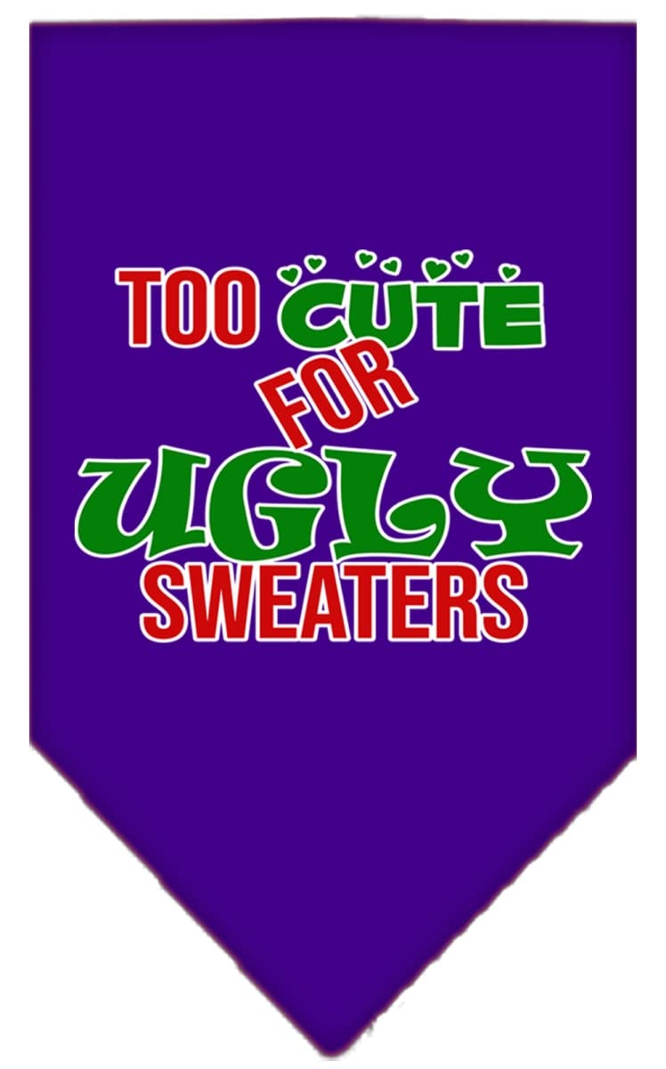 Christmas Pet and Dog Bandana Screen Printed, &quot;Too Cute For Ugly Sweaters&quot; Purple Large