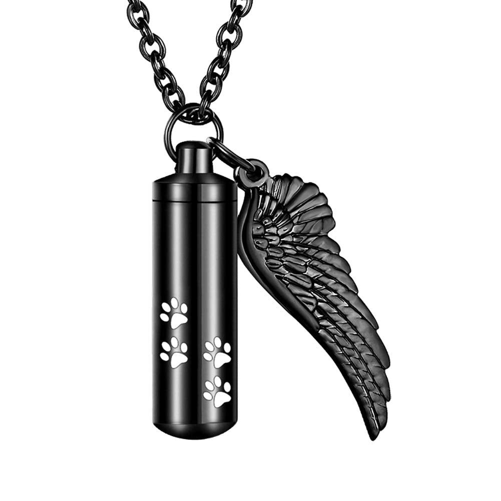 Abooxiu Cylinder Cremation Necklace For Pet Ashes Urn Necklace With Angel Wing Pet Paw Ashes Necklace For Dog/Cat Pet Memorial Keepsake Jewelry