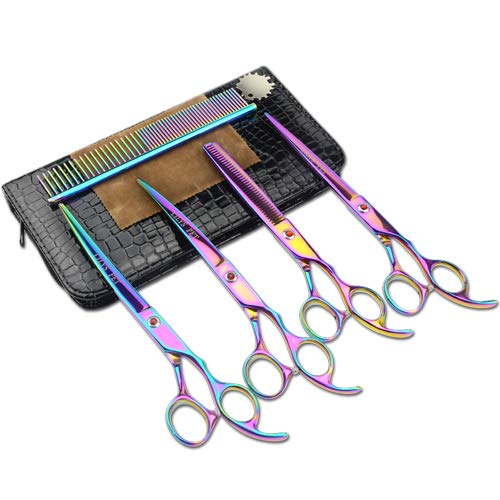 Lilys Pet Professional Pet Dog Grooming Coated Titanium Scissors Suit Cutting&Curved&Thinning Shears (7.5 Inches, Rainbow)