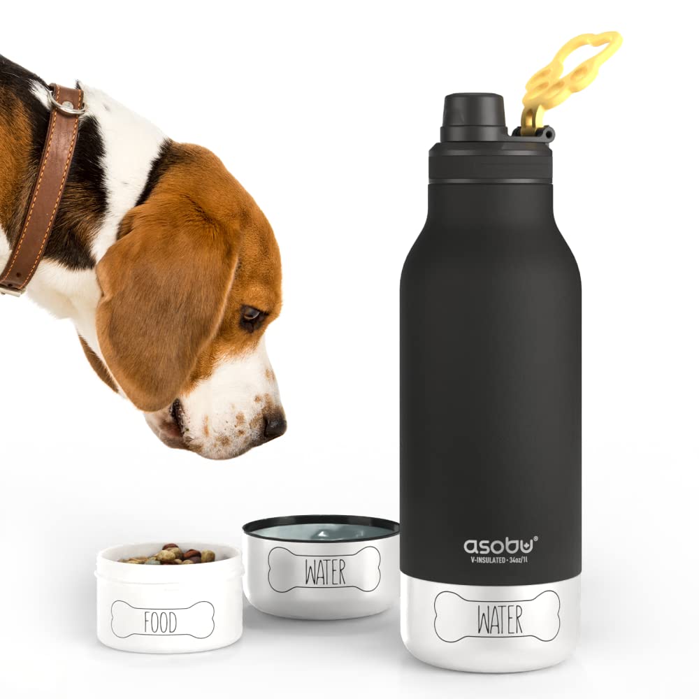 asobu Dog Barky Bottle a Stainless Steel Insulated Water Bottle for a Human with 2 Removable Dog Bowls for Water, Food, and Trea