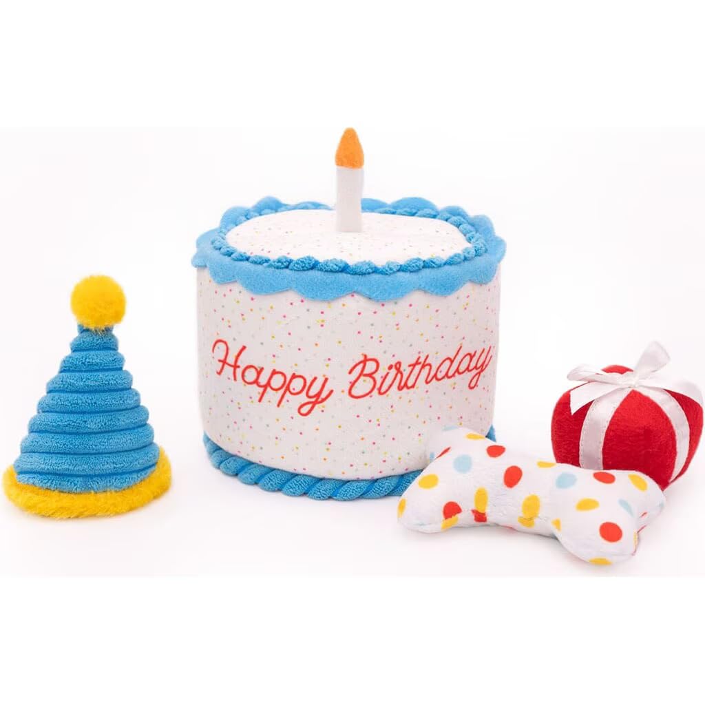 ZippyPaws Birthday Gifts for Dogs - Birthday Cake Burrow with Bone, Party Hat, & Gift Box, Dog Birthday Party Supplies for Boys 