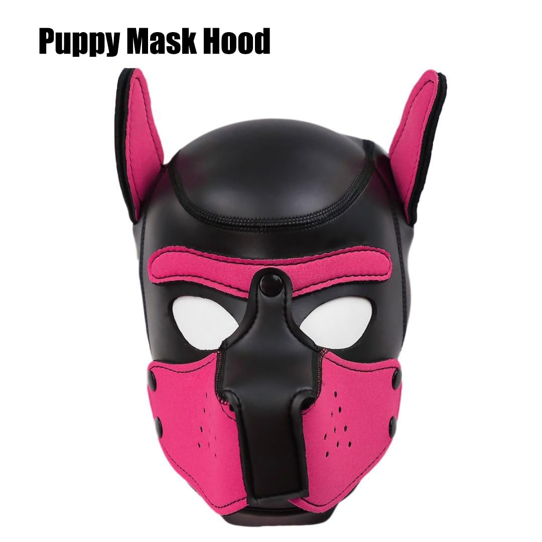 Quyuwowo Neoprene Dog Full Face Puppy Mask Removable Pup Hood Halloween Mask (Rose Red, Mask)
