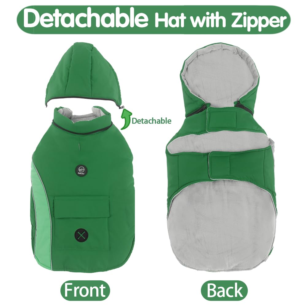 Emust Dog Coat - Windproof Winter Jacket With Hood, Large Dog Coats For Cold Weather, Thick Pet Apparel With Pocket, Xl/Green