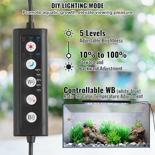 Vevor Aquarium Light, 10W Full Spectrum Fish Tank Light With 5 Levels Adjustable Brightness, Adjustable Timer And Power-Off Memo