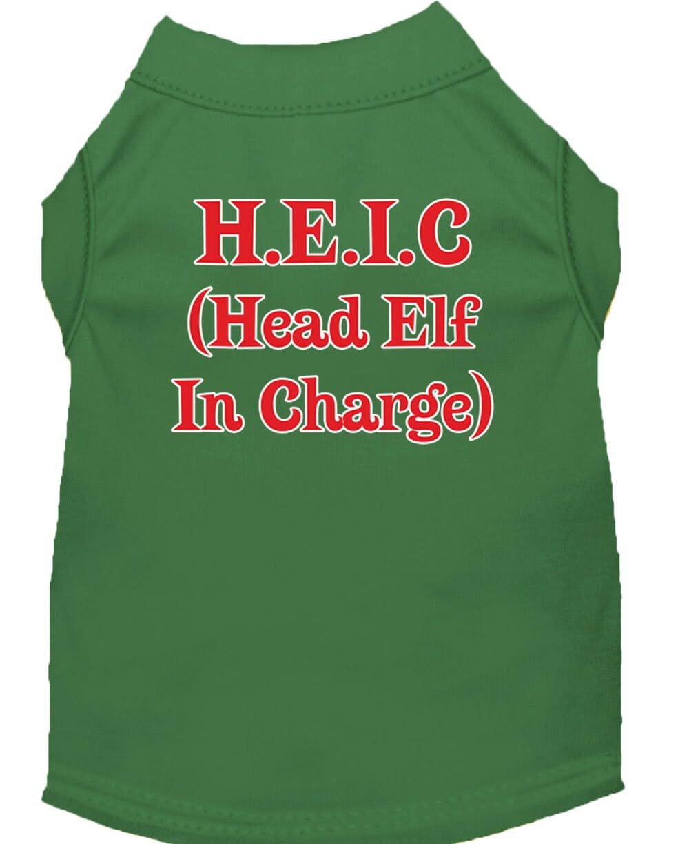 Christmas Screenprinted Dog Shirt, 'Head Elf In Charge' Emerald Green Sm (3-6 Lbs.)