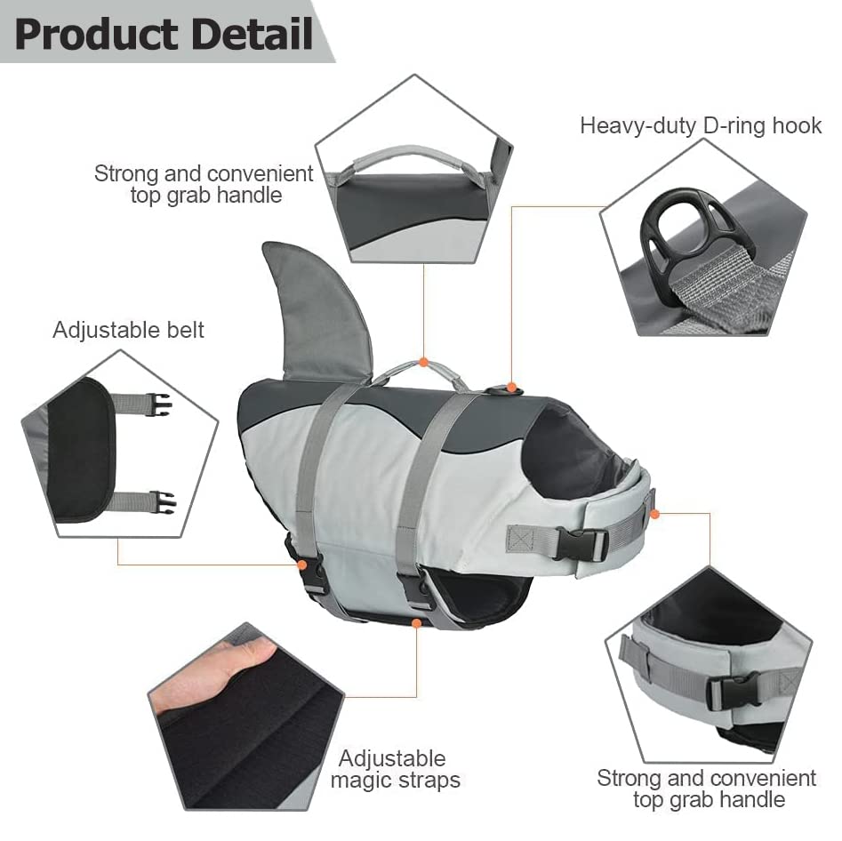 Dog Shark Life Jacket, Dog Life Vest For Swimming Adjustable Pet Life Preserver With Rescue Handle Large