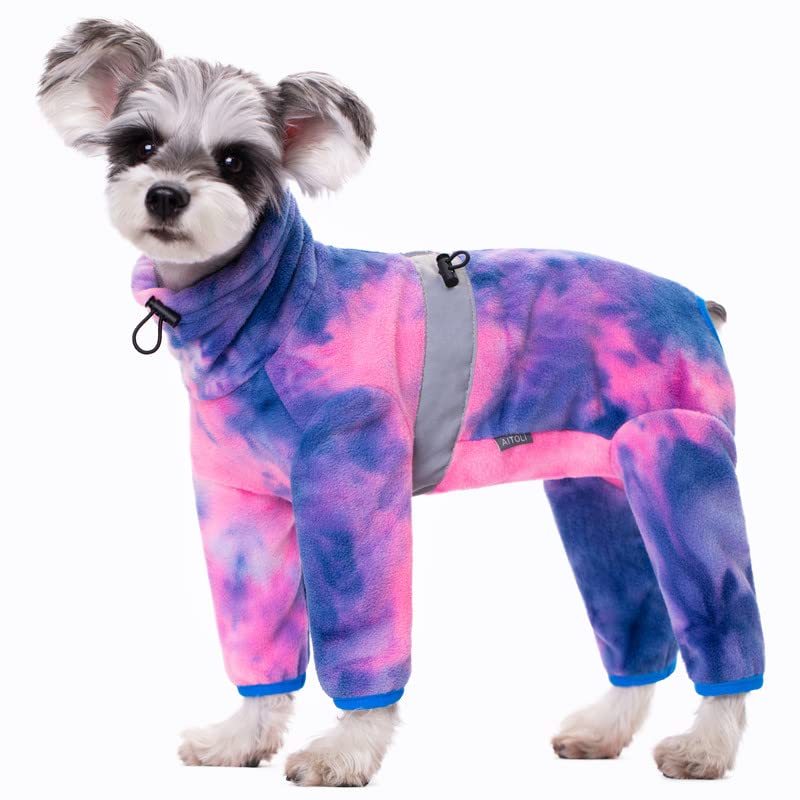 Aitoli Dog Coat, Tie Dye Fleece Jumpsuit For Small Dogs, Winter Jacket, Reflective Stripes, Comfortable, Lightweight