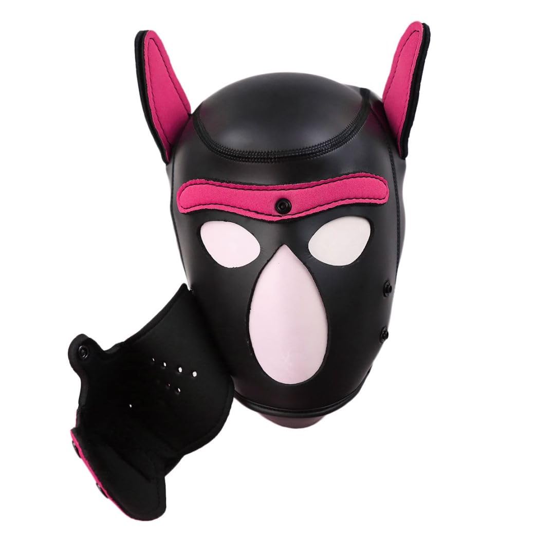 Quyuwowo Neoprene Dog Full Face Puppy Mask Removable Pup Hood Halloween Mask (Rose Red, Mask)