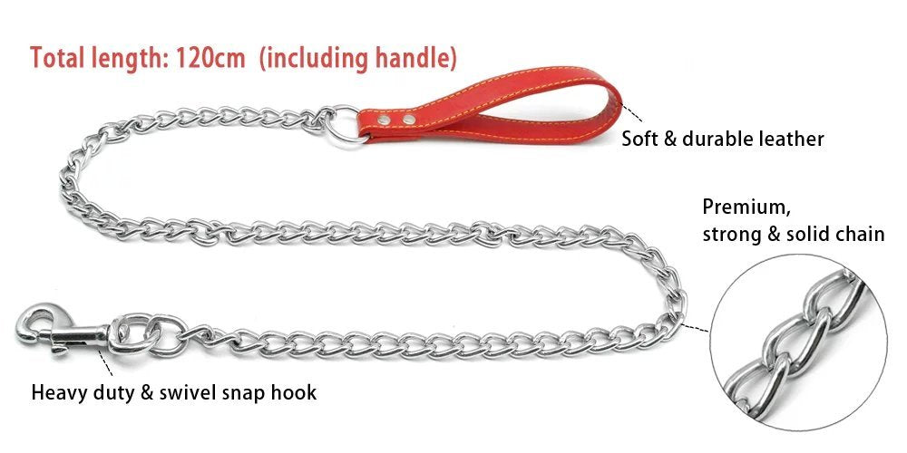 Beirui Premium 4 Foot Chain Heavy Duty Dog Leash - Soft Padded Handle Lead - Perfect Basic Leashes For Large & Medium Size Pets Walking,Traffic Training And Traveling (3.0Mm * 4 Foot, Red)
