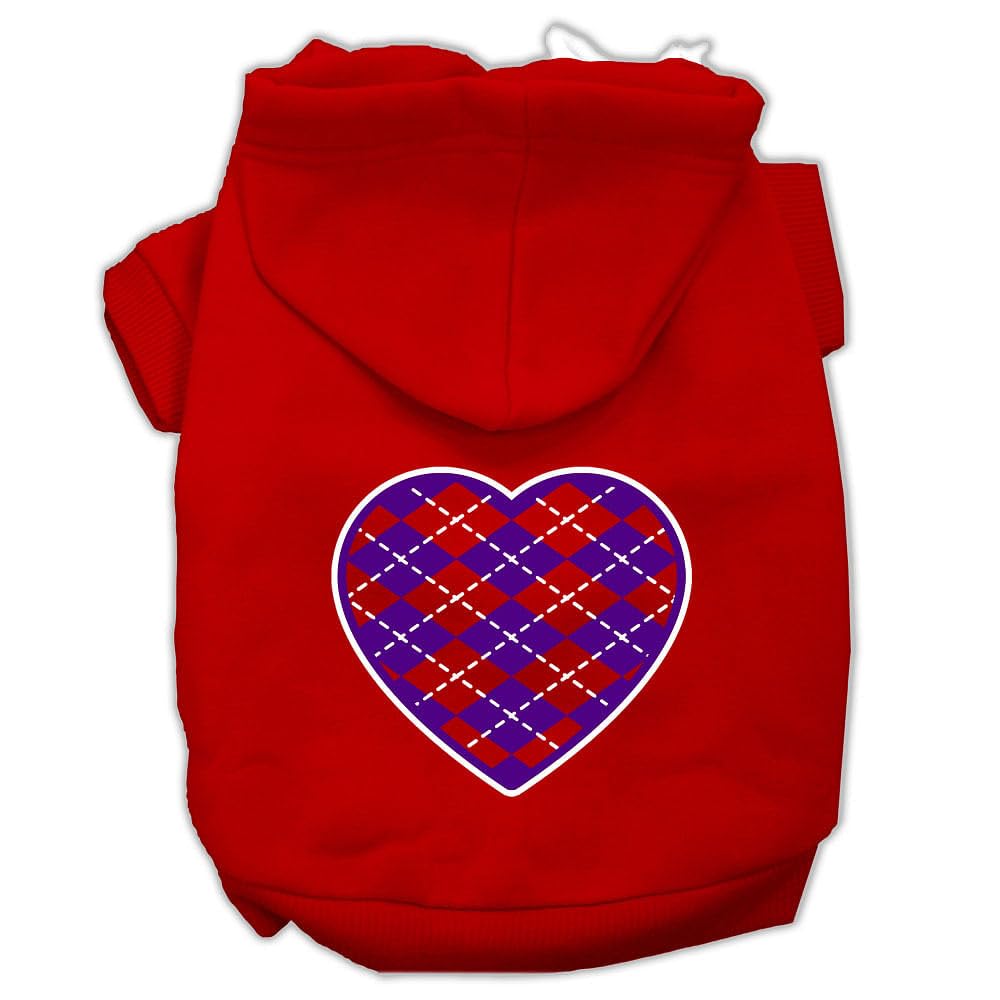 Pet Dog & Cat Hoodie Screen Printed, 'Purple Argyle Heart' Red Sm (3-6 Lbs.)