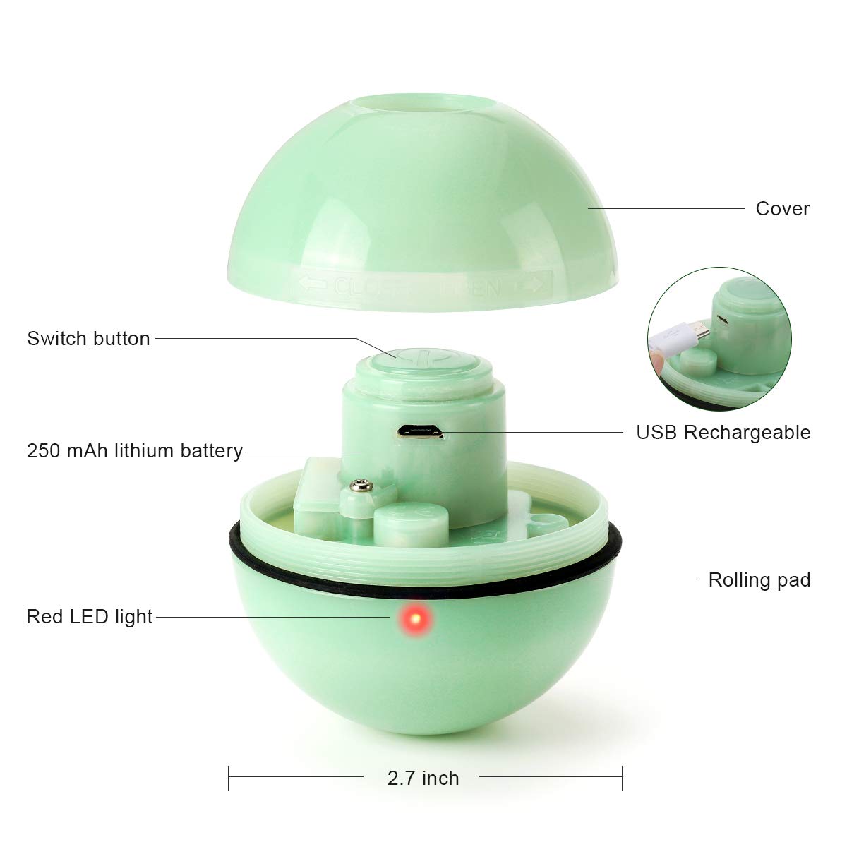 Wwvvpet Interactive Cat Toys Ball With Led Light, 360 Degree Self Auto Rotating Smart Ball, Usb Rechargeable Spinning Cat Ball T