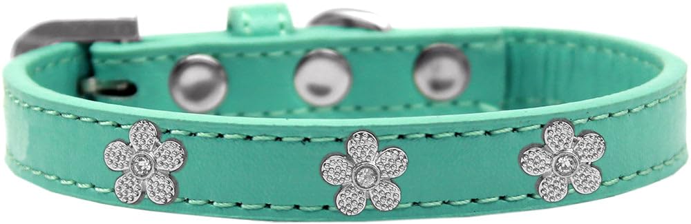 Dog, Puppy & Pet Widget Fashion Collar, Silver Flower - 18 - Aqua