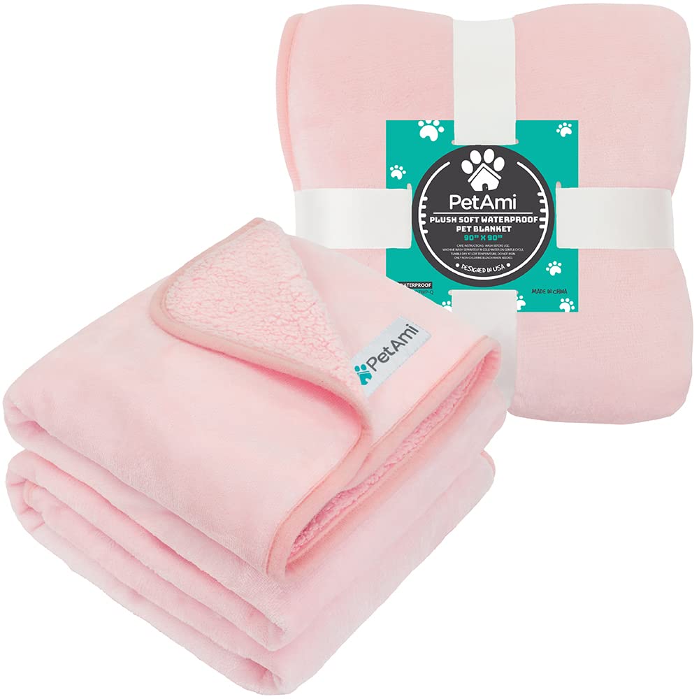 Petami Waterproof Dog Blanket For Large Giant Dogs, Pee Proof Pet Blanket Sherpa Fleece Crate Cover, Reversible Cat Throw Bed Kennel Protector, Soft Plush Washable Pad (Queen 90X90, Pink)