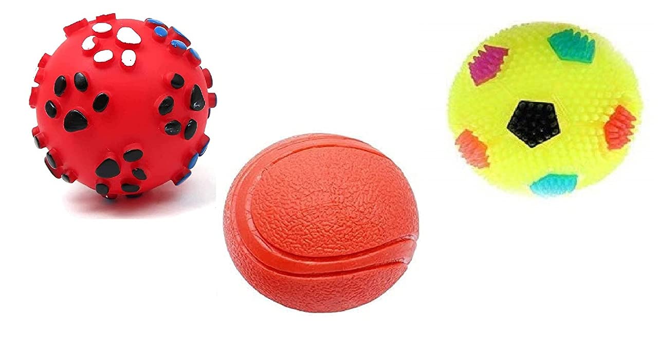 Dog Trust Dog Ball and Squeaky Toys 3 in 1 Combo for Dogs Puppy Cats (paw Print+Hard Rubber Ball+LED Ball