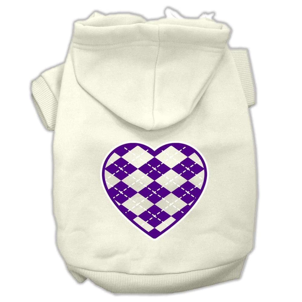 Pet Dog & Cat Hoodie Screen Printed, 'Purple Argyle Heart' Cream Xs (0-3 Lbs.)