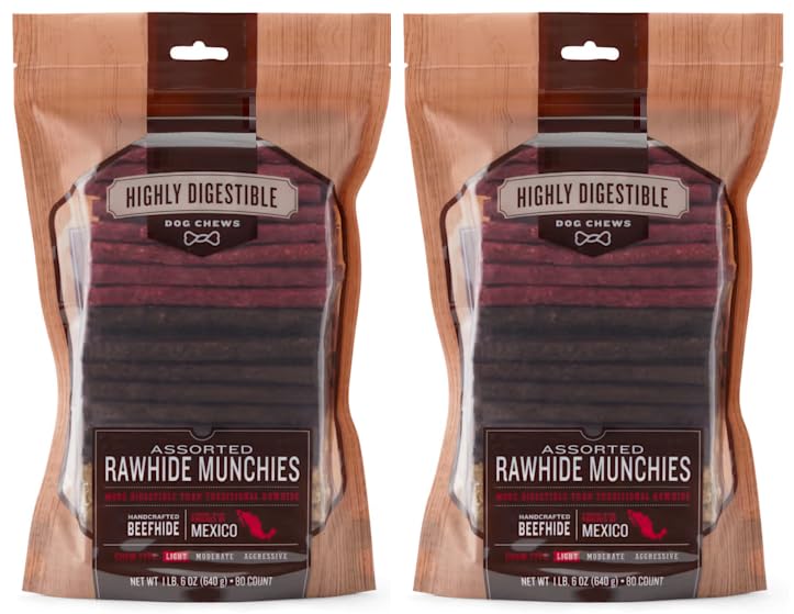 Highly Digestible Assorted Basted Beefhide Rawhide Munchies Chew Stick Dog Treats - Handcrafted, Slow Baked, Probiotics, Long La