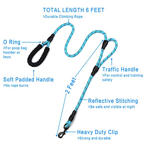Plutus Pet Rope Dog Leash 6Ft Long,Traffic Padded Two Handle,Heavy Duty,Reflective Double Handles Lead For Control Safety Training,Leashes For Large Dogs Or Medium Dogs,Dual Handles Leads(Light Blue)