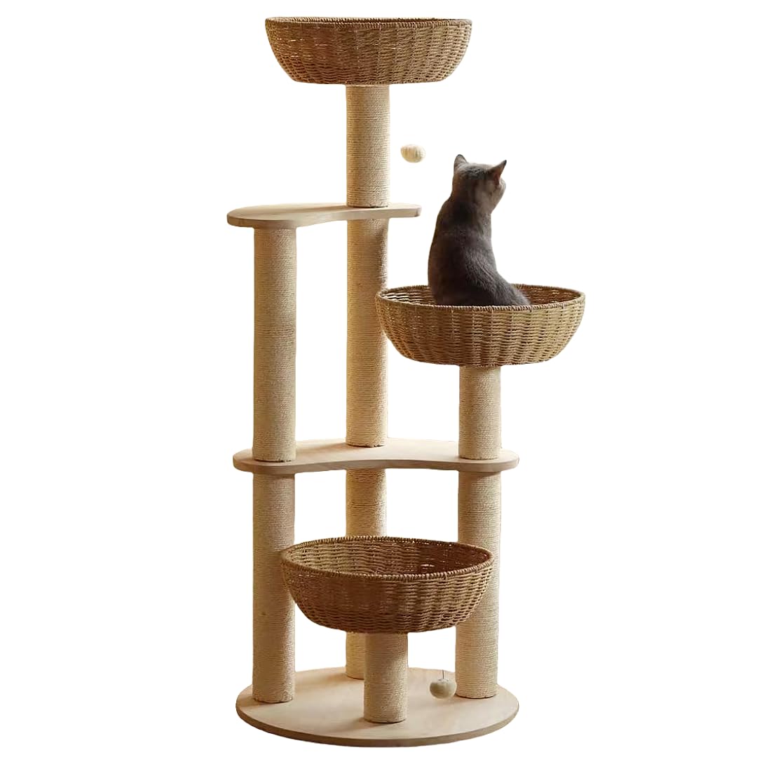 54'' Modern Cat Tree For Large Cats, Wood Luxury Multi-Level Oak Solid Wood Cat Trees Cat Towers With 3 Rattan Weaving Cat Nests
