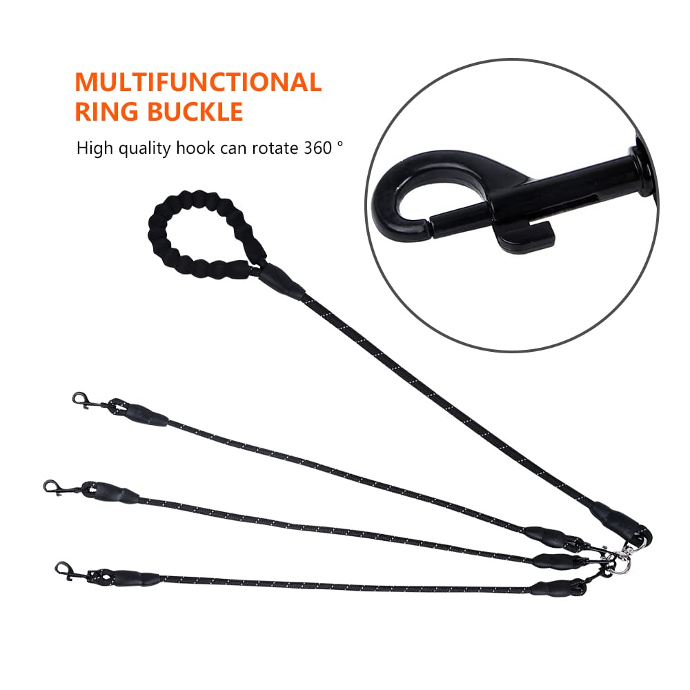 Three Dog Leash - Comfortable Double Leash With Reflective, 360 Swivel No Tangle Training For Large Medium Small Dogs (Black, Th