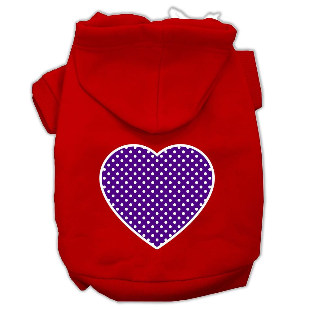Pet Dog & Cat Hoodie Screen Printed, 'Purple Swiss Dots Heart' Red Xs (0-3 Lbs.)