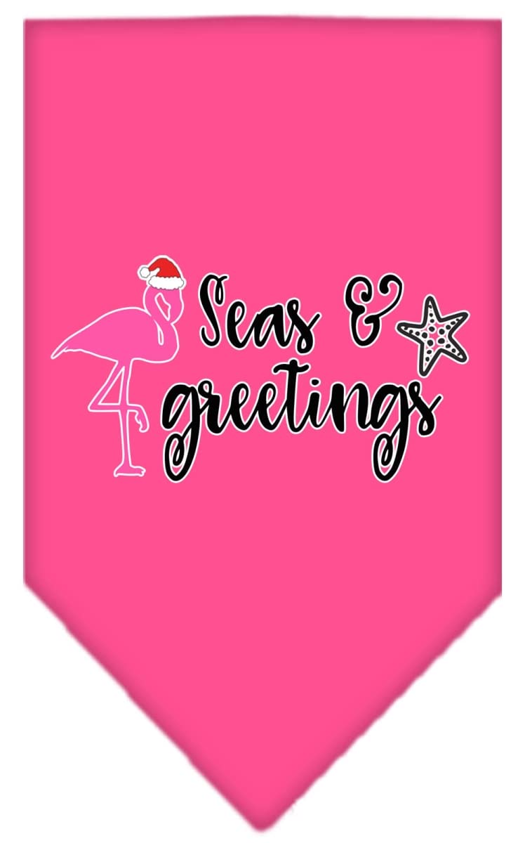 Christmas Pet and Dog Bandana Screen Printed, &quot;Seas & Greetings&quot; Bright Pink Large