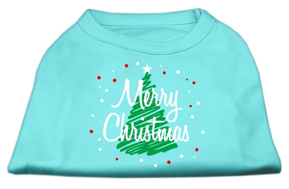 Christmas Screenprinted Dog Shirt, 'Scribble Merry Christmas' Aqua Xs (0-3 Lbs.)