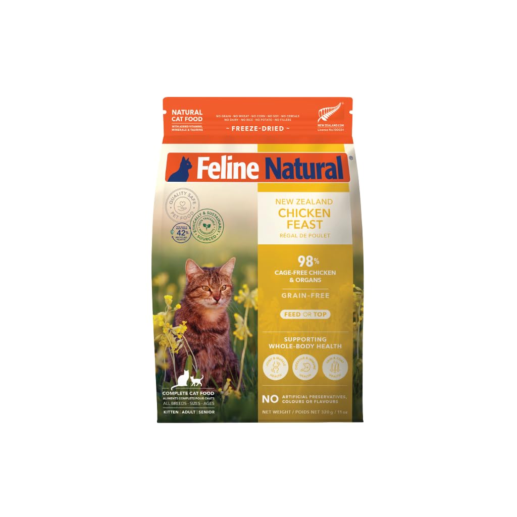Feline Natural Grain-Free Freeze Dried Cat Food - Chicken Feast, 11 Ounce - High Protein Cat Food from New Zealand, Natural Ingr