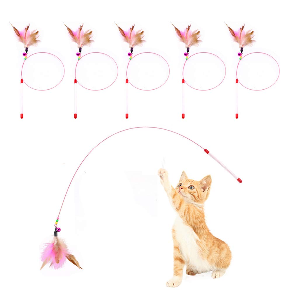 Cat Feather Toy, Cat Toys Wand, Bundle Of 5 Pack Interactive Pet Cat Kitten Chaser Teaser Wire Wand With Bell Beads For Cat Exer