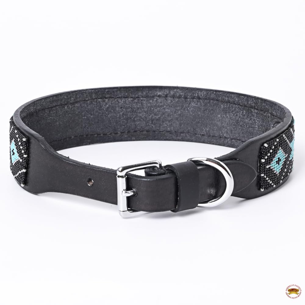 Hilason Black/Turquoise 18 In Western Style Heavy Duty Beaded American Leather Pet Dog Collar| Comfortable Dog Collar
