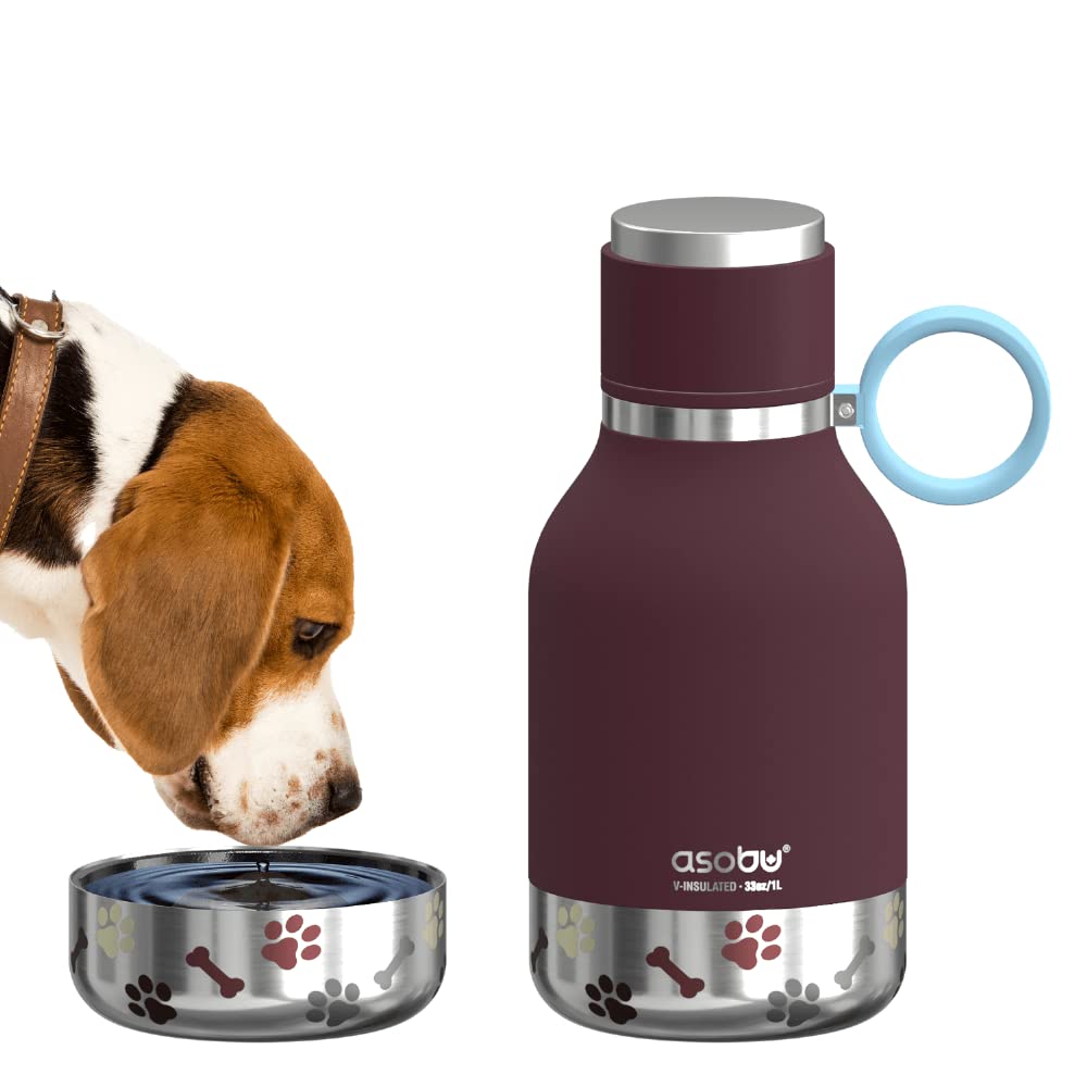 Asobu Dog Bowl Attached To Stainless Steel Insulated Travel Bottle For Human 33 Ounce (Burgundy)
