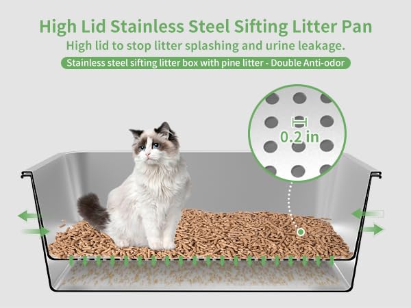 Stainless Steel Cat Litter Box with Lid, XL High Sided Metal Sifting Litter Box for Pine Pellets, Enclosed Litter Box for Big Ca