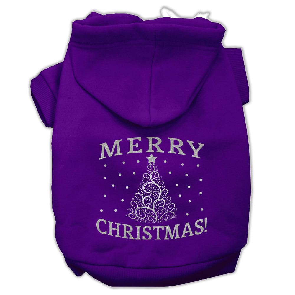 Christmas Pet Dog & Cat Hoodie Screen Printed, 'Shimmer Christmas Tree' Purple Sm (3-6 Lbs.)