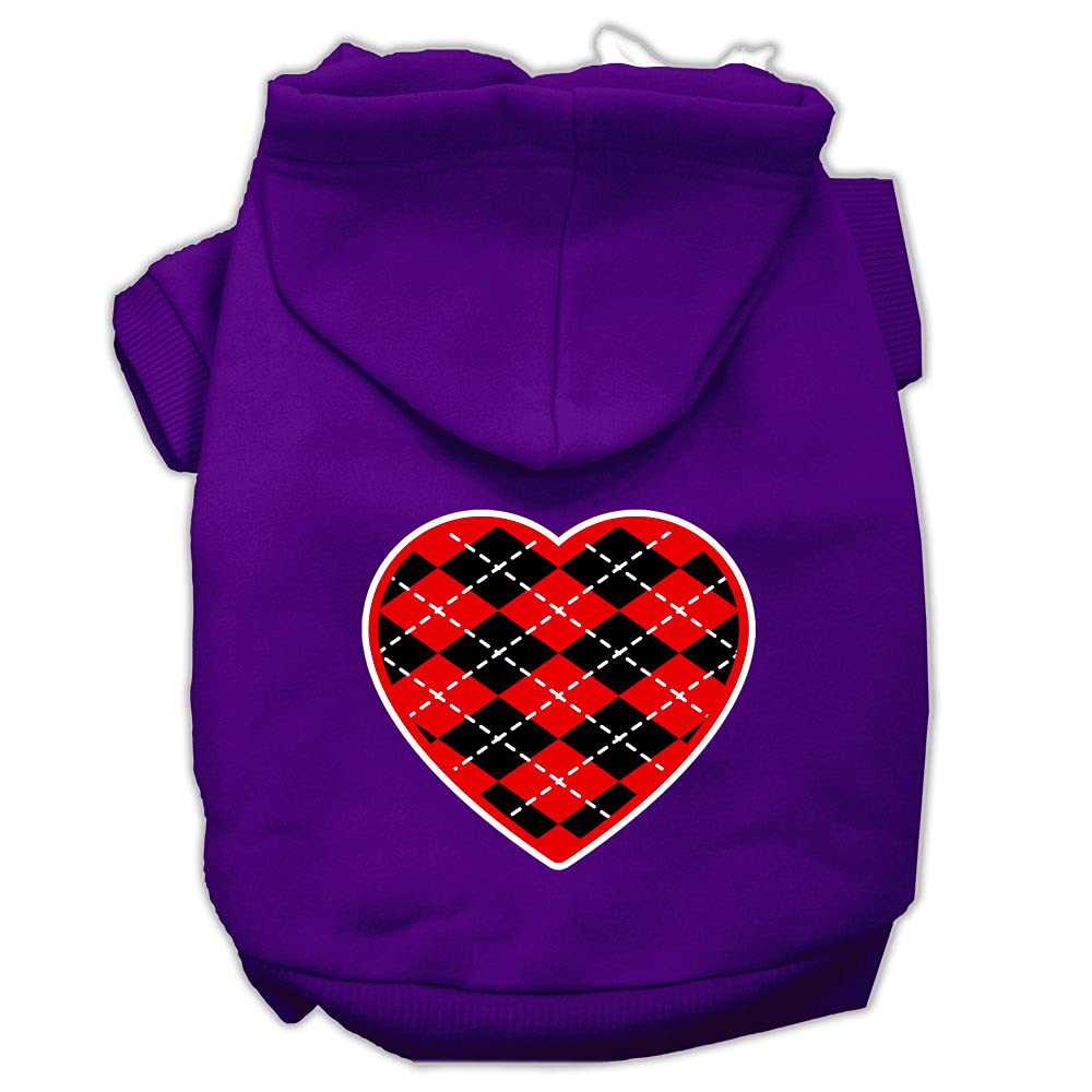 Pet Dog & Cat Hoodie Screen Printed, 'Red Argyle Heart' Purple Lg (10-14 Lbs.)