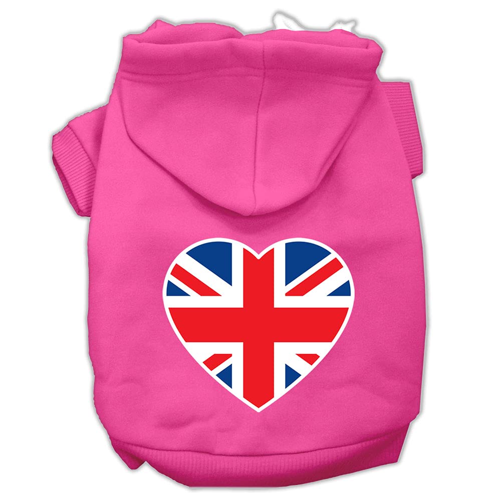 Pet Dog & Cat Hoodie Screen Printed, 'British Flag Heart' Bright Pink Xs (0-3 Lbs.)