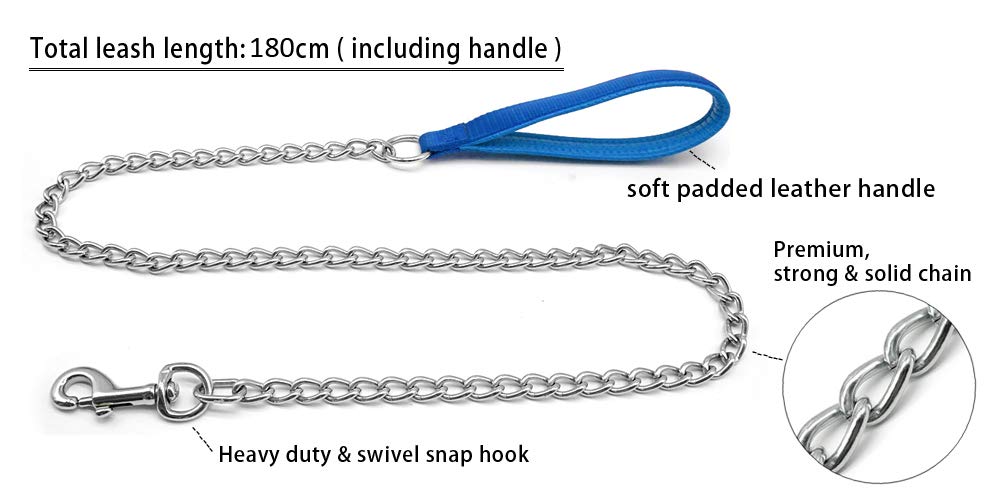 Berry Pet Premium 6 Foot Chain Heavy Duty Dog Leash - Soft Padded Foam Handle Lead - Perfect Basic Leashes For Large & Medium Size Pets Walking,Traffic Training And Traveling (3.0Mm 6 Foot, Blue)