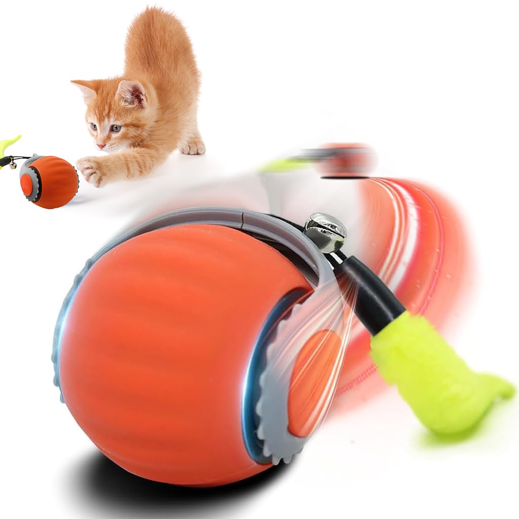 Qpets Electric Cat Ball Toy, Cat Teaser Ball Toy With 2 Speed Fun Speedy Chasing With Teasing Tail & Bell Charm Self Entertainme