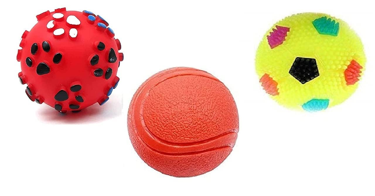 Rvpaws Dog Ball And Squeaky Toys 3 In 1 Combo For Dogs Puppy Cats (Paw Print Ball + Hard Rubber Ball + Led Ball) (Color May Very