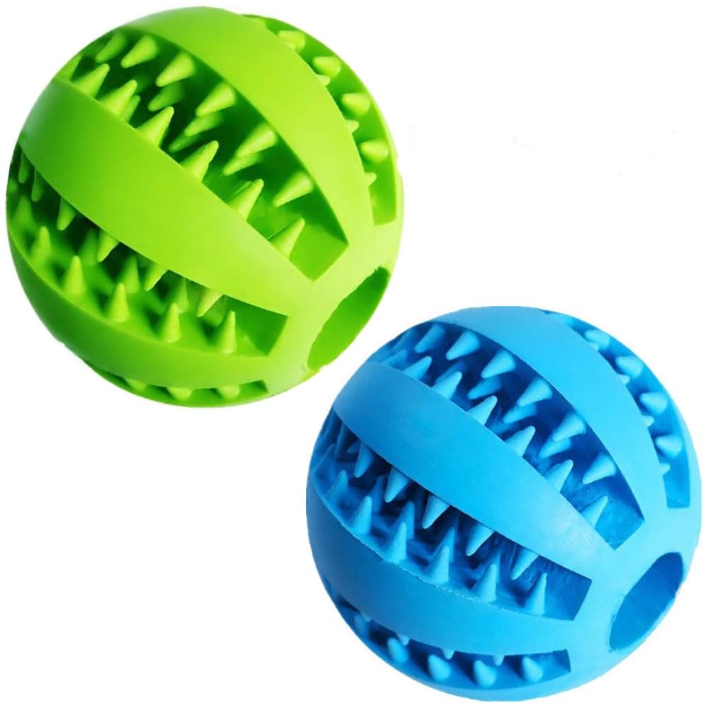 Feixun Dog Treat Toy Ball, Dog Tooth Cleaning Toy, Interactive Dog Toys(1 Green+1 Blue) 2.8' Pack Of 2