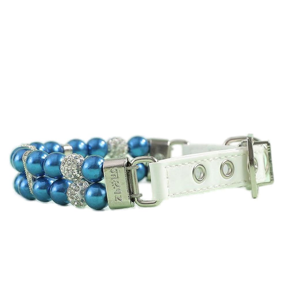 Blue Pearl Dog Collar, Fancy Crystal Bling Pearl Puppy Collar Rhinestone Luxury Beaded Necklace Diamond Girl Pet Jewelry For Xs