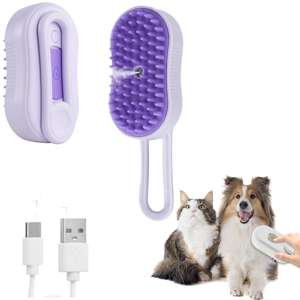 4-In-1 Cat Grooming Steam Brush, Pet Hair Shedding, Massage, Cleaning, Combing (Purple)