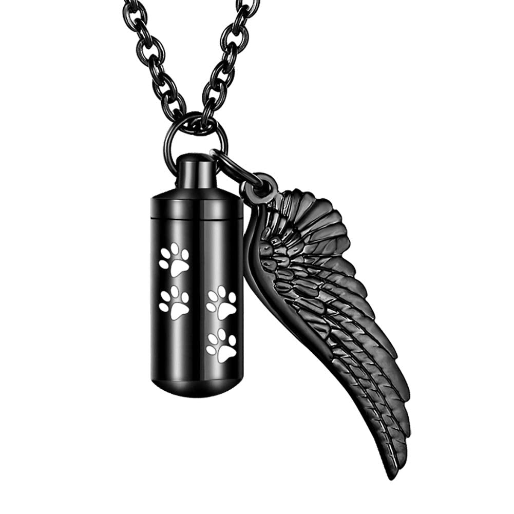 Abooxiu Cylinder Cremation Necklace For Pet Ashes Urn Necklace With Angel Wing Pet Paw Ashes Necklace For Dog/Cat Pet Memorial Keepsake Jewelry